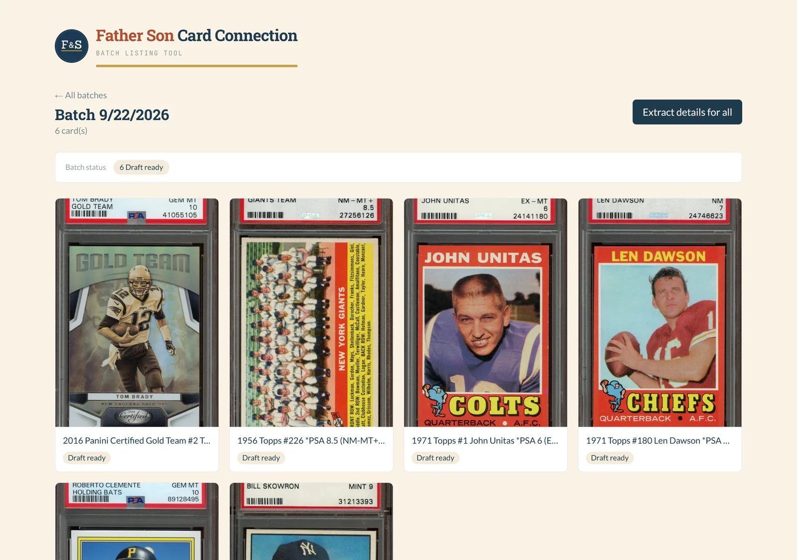 A batch of six graded football and baseball cards, each with a drafted eBay title and a Draft ready tag