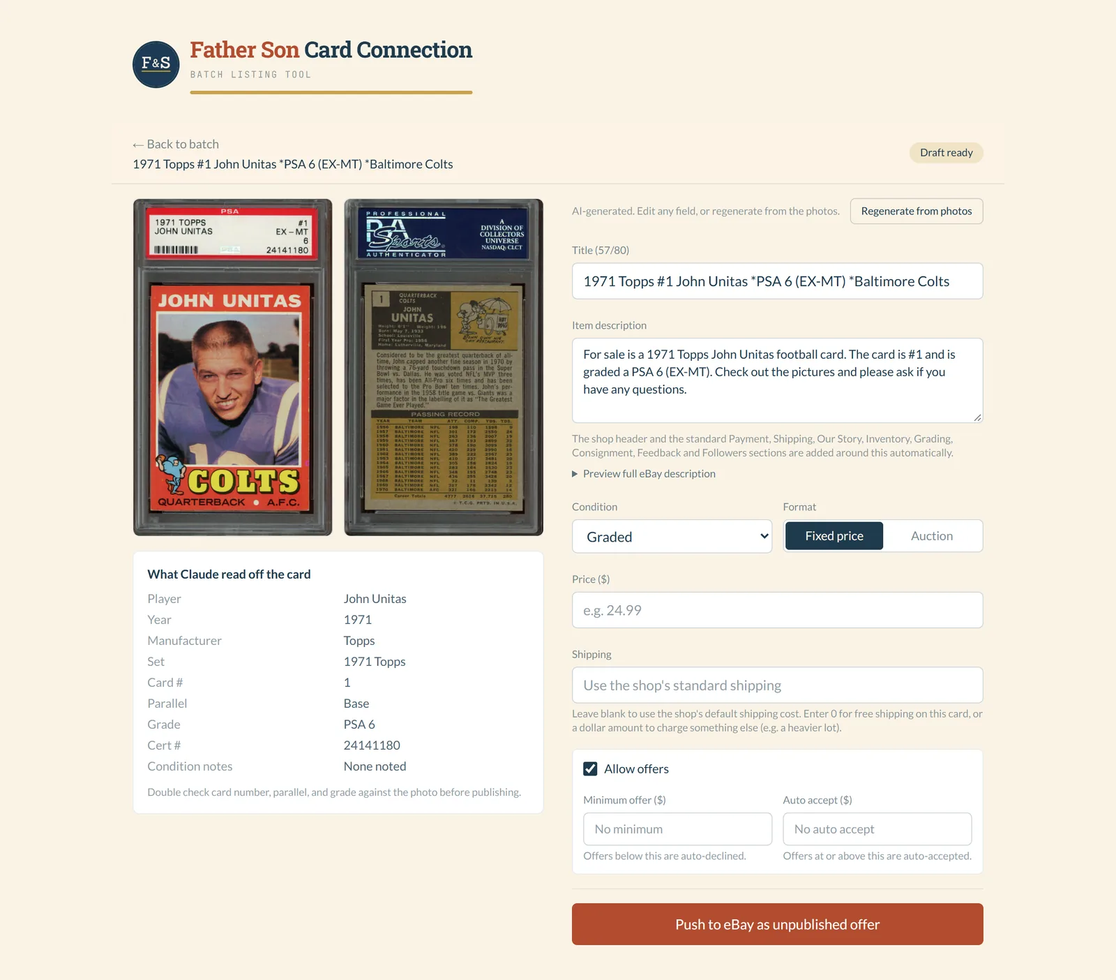 A single card review page showing the front and back of a 1971 Topps John Unitas PSA 6, the details read off the card, and the drafted title and description