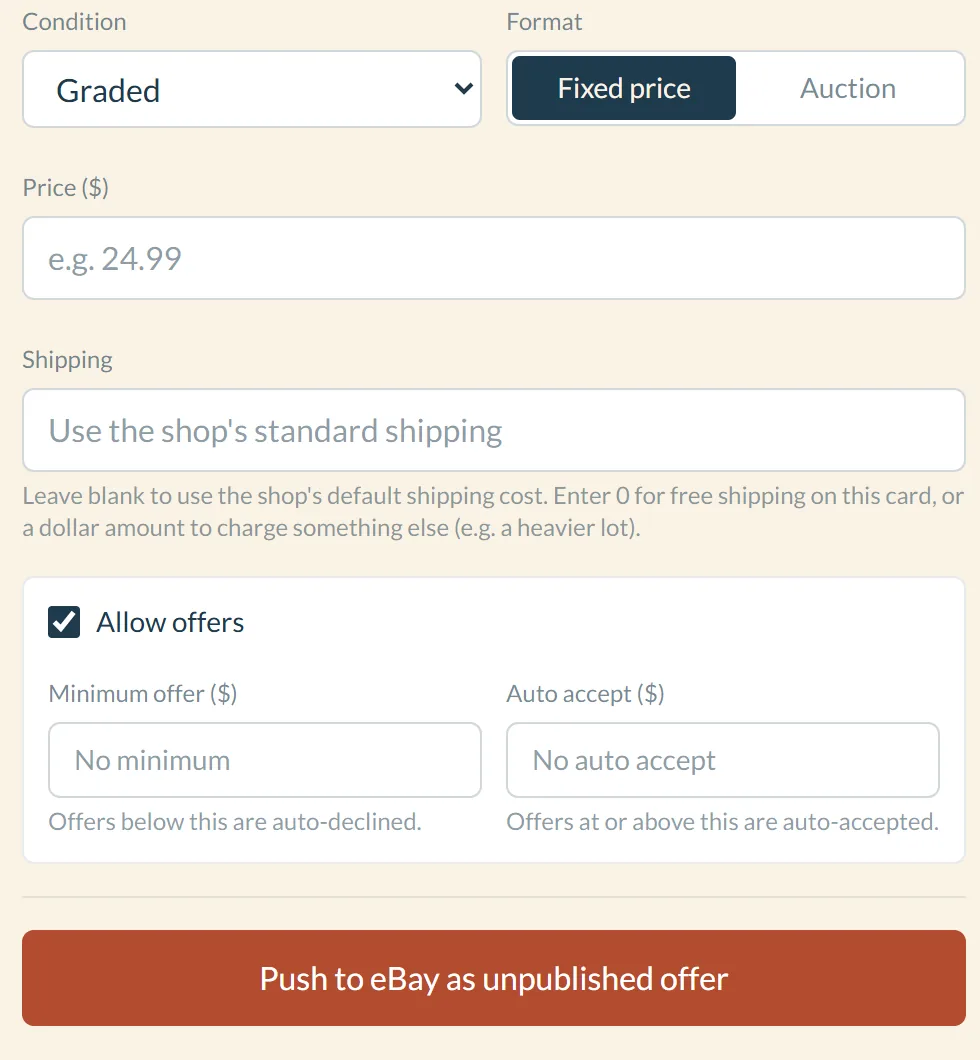 Price, shipping and offer settings above a button labeled Push to eBay as unpublished offer