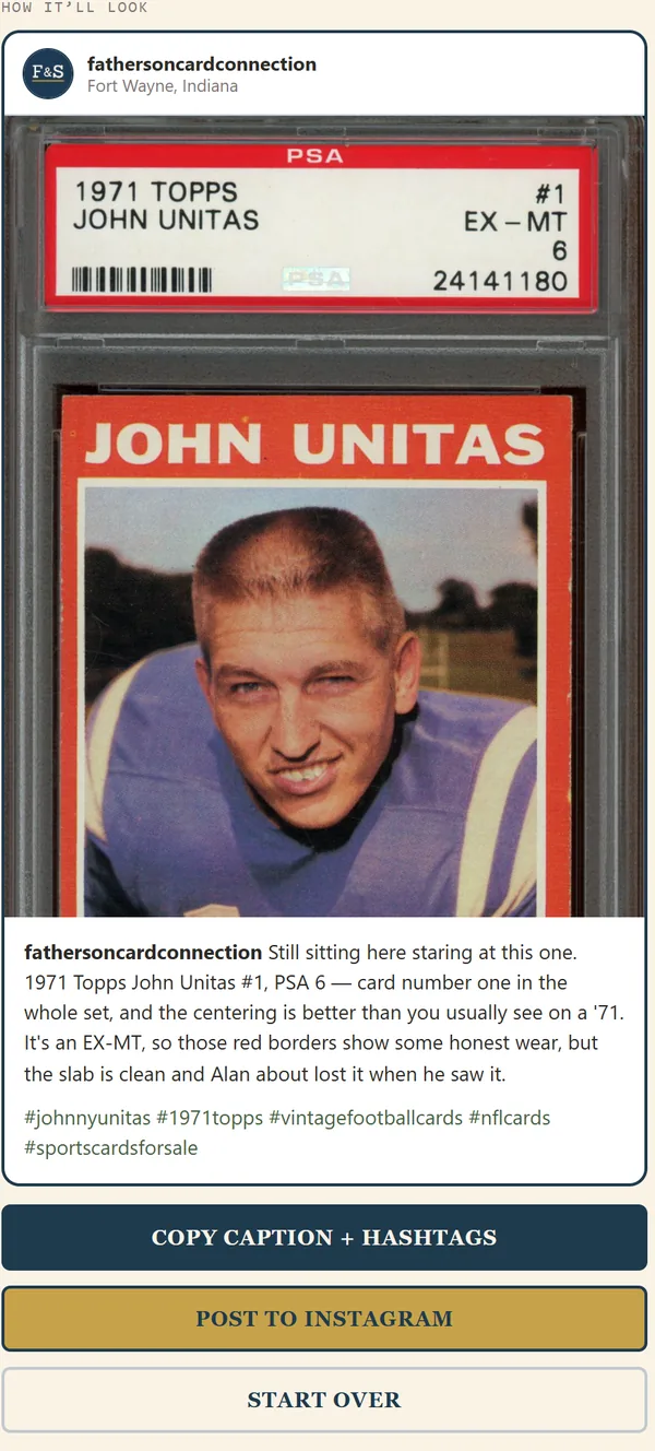Preview of a single-photo Instagram post of a John Unitas card with caption and hashtags