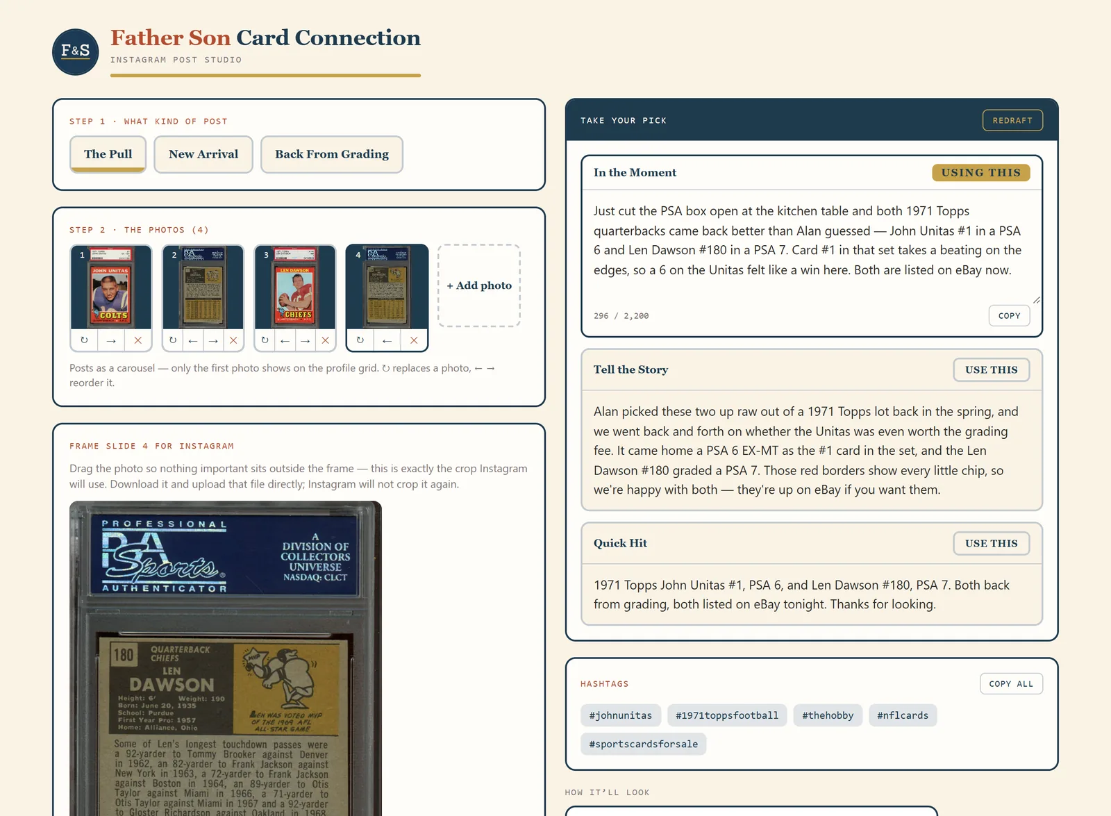 The Instagram Post Studio with post types, four photos for a carousel, a crop frame, and three drafted caption options