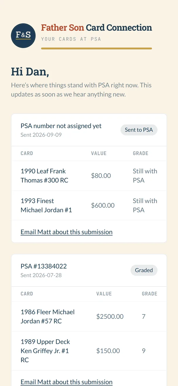 A customer's page on a phone, showing two submissions, one still at PSA and one graded with a 7 and a 9