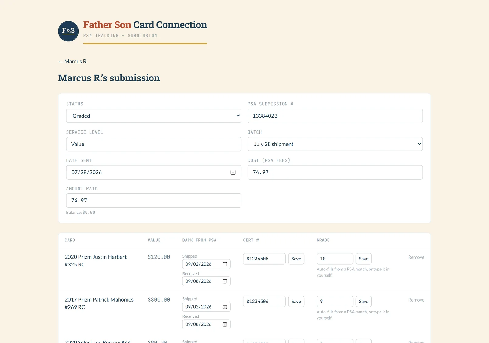One customer's submission, with status Graded, PSA submission number, service level, cost and amount paid, and a list of cards with cert numbers and grades