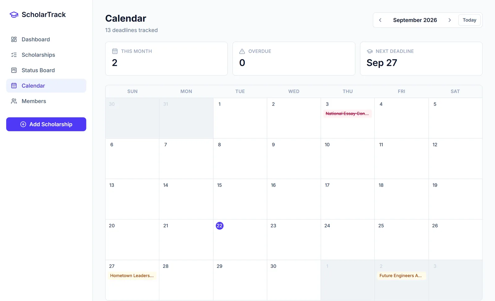 Month calendar for September 2026 with scholarship deadlines on their dates and an overdue count