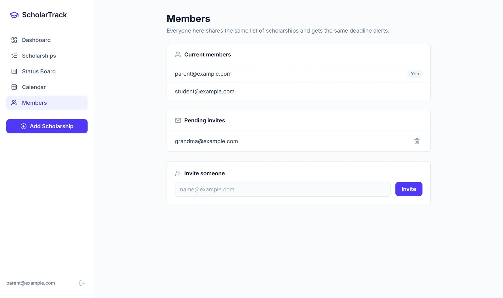Members page listing two current members, one pending invite and an invite form